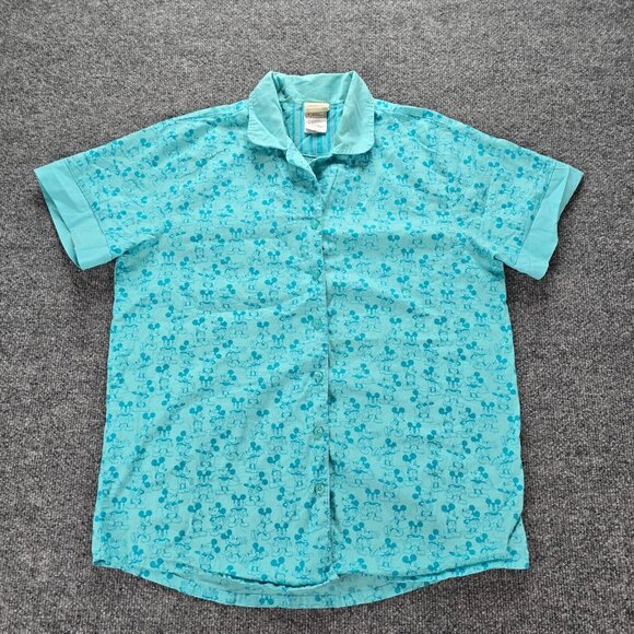 Disney‎ Pajama Shirt Womens Medium Blue Button Up Sleepwear Mickey Mouse Casual - Picture 1 of 8